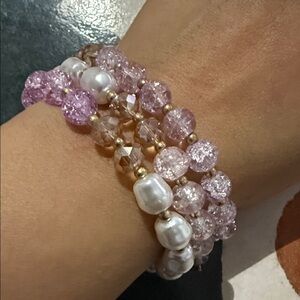Elegant Pink and White Beaded Bracelet Set